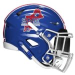 Blue football helmet with SNE logo.
