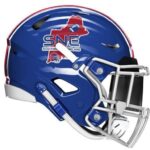 Blue football helmet with SNE logo design.
