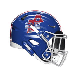 Blue football helmet with a red horse logo and white faceguard.