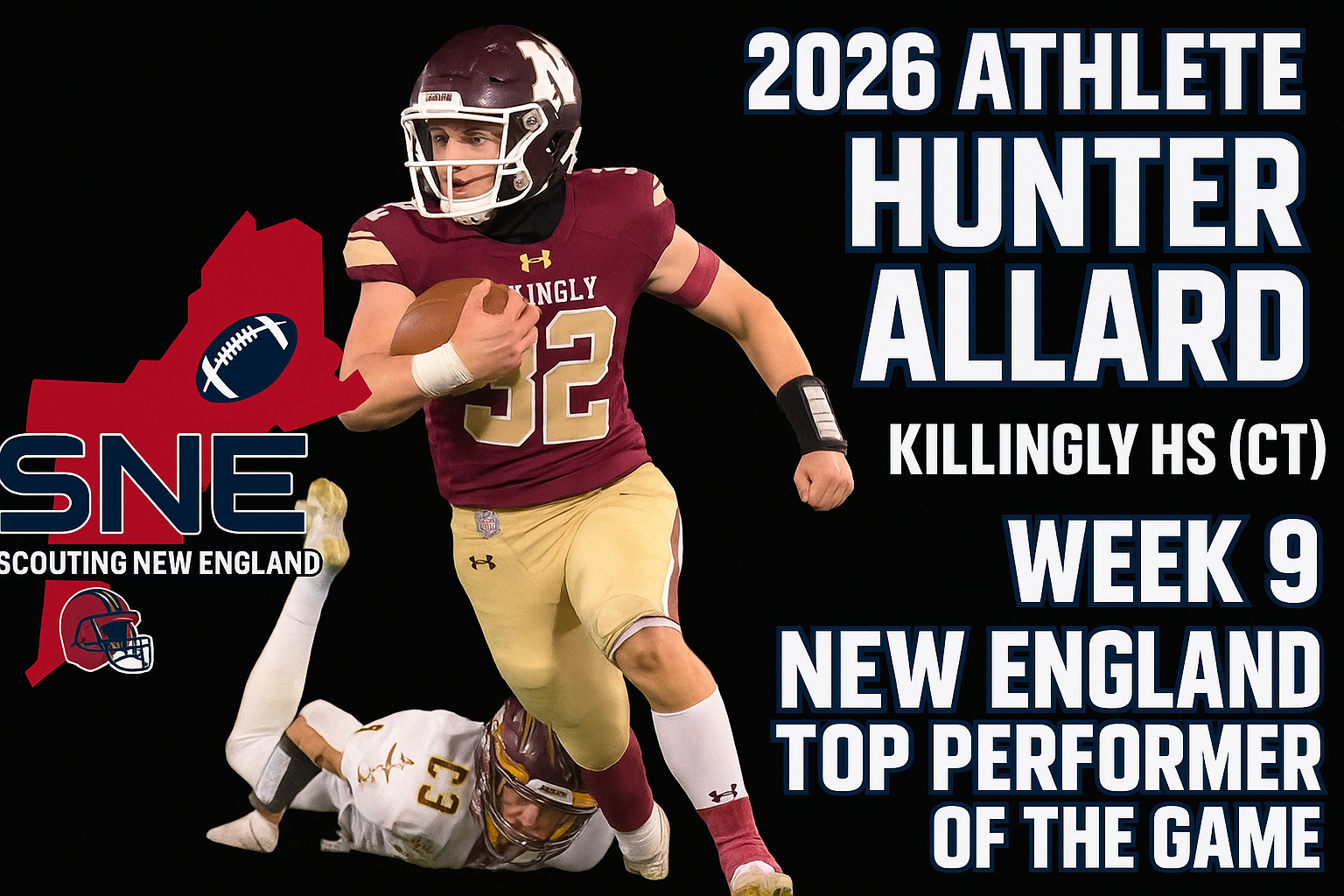 Hunter Allard, 2026 athlete from Killingly HS, named New England top performer Week 9.