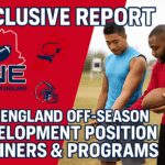 Two athletes training on a football field with a sports report overlay.