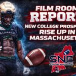 Football player promoting new college prospects in Massachusetts.