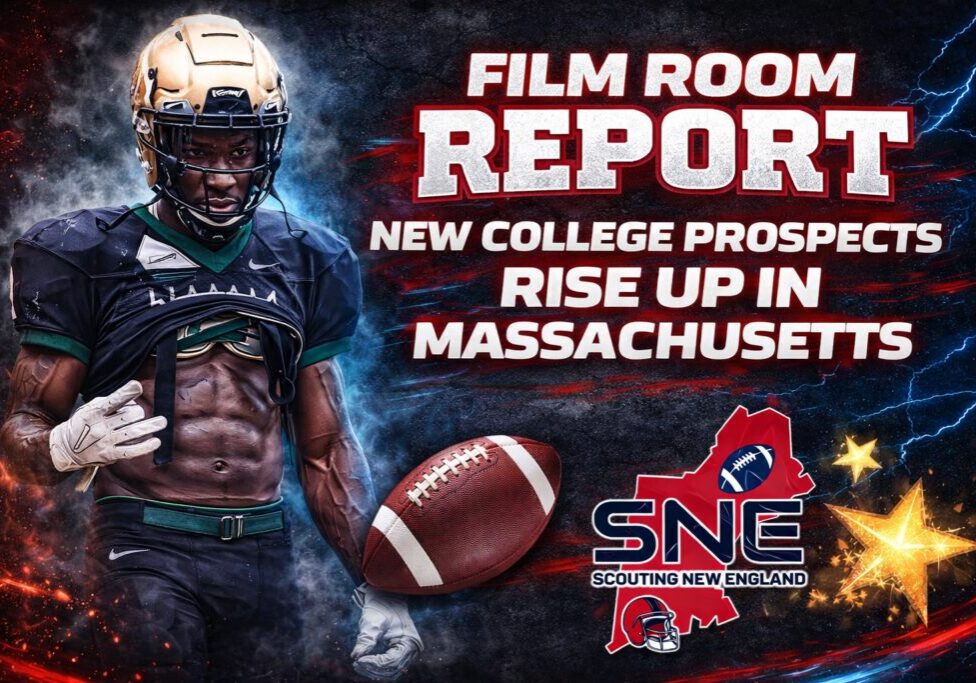 Football player promoting new college prospects in Massachusetts.