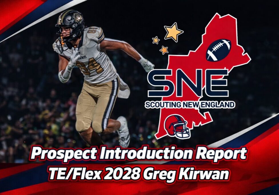 Graphic introducing Greg Kirwan as a TE/Flex 2028 prospect for SNE.