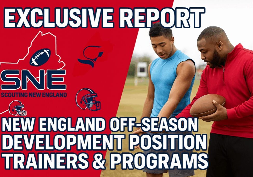Two athletes training on a football field with a sports report overlay.
