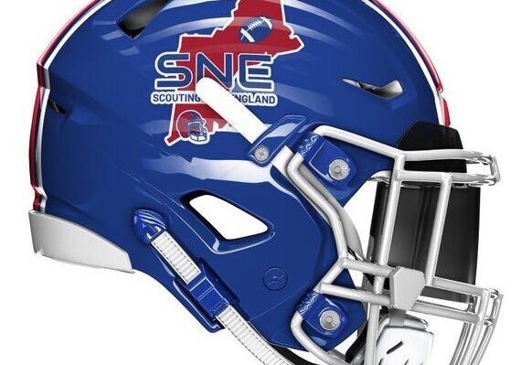 Blue football helmet with SNE logo.